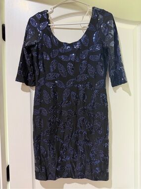 hello miss Black Dress with Blue Sequin Leaf Motif